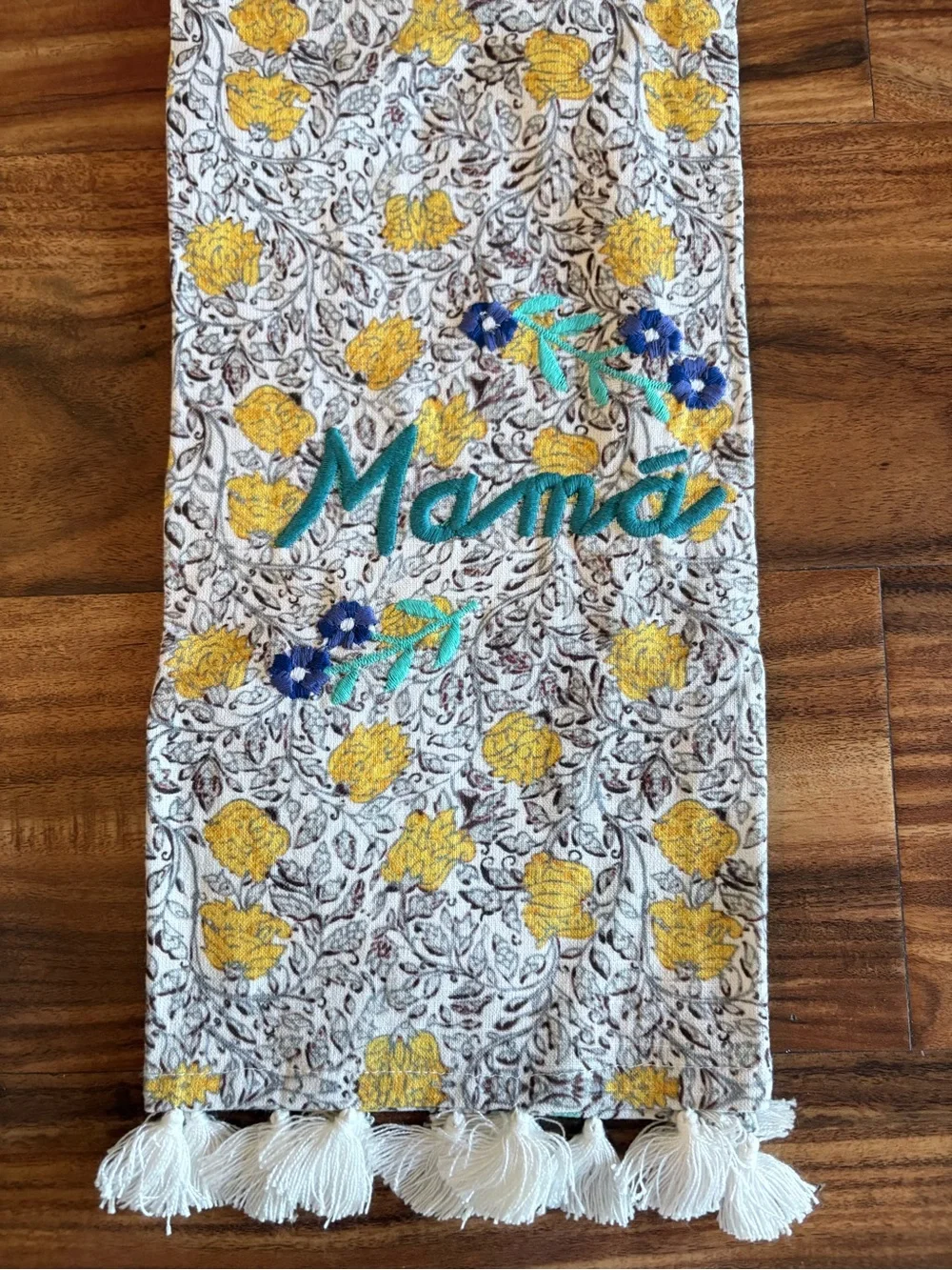 NEW Anthropologie Sweet Mama Embroidered & Tassel Floral Dish Tea Towel